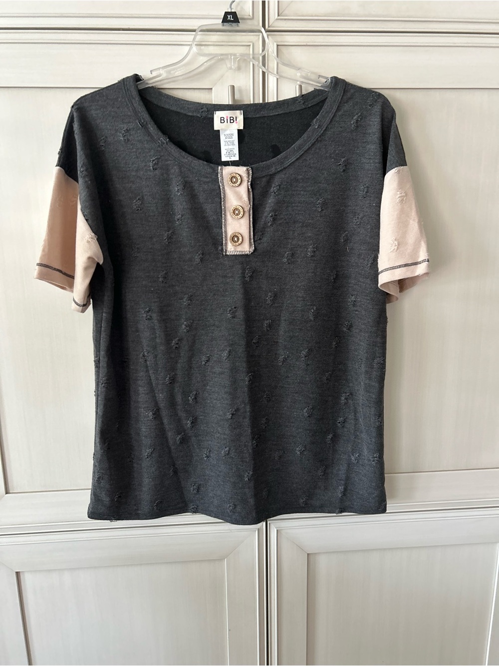 BiBi Charcoal Short Sleeve Top with Cream Accents